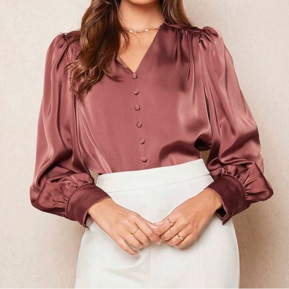 Button Satin Blouse Light Nougat